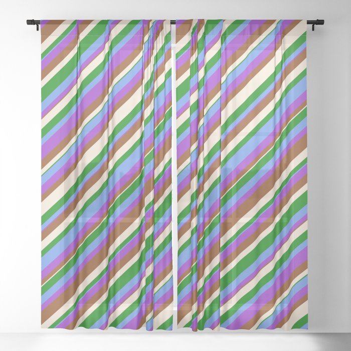 Colorful Cornflower Blue, Dark Orchid, Brown, Beige & Green Colored Lined/Striped Pattern Sheer Curtain