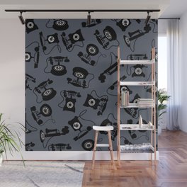Black Vintage Rotary Dial Telephone Pattern on Dark Gray Wall Mural