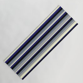 [ Thumbnail: Colorful Slate Gray, Dark Gray, Light Yellow, Midnight Blue, and Black Colored Lined/Striped Pattern Yoga Mat ]