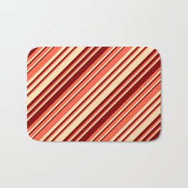 [ Thumbnail: Red, Beige, and Maroon Colored Striped/Lined Pattern Bath Mat ]