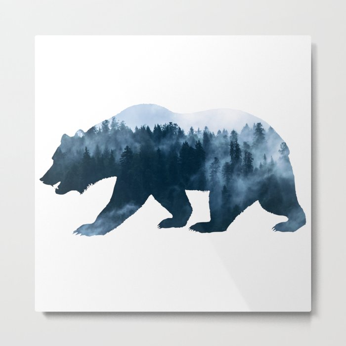 Double Exposure Design of Bear and Forest Metal Print