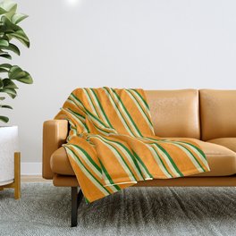 [ Thumbnail: Pale Goldenrod, Dark Orange, and Dark Green Colored Lined Pattern Throw Blanket ]