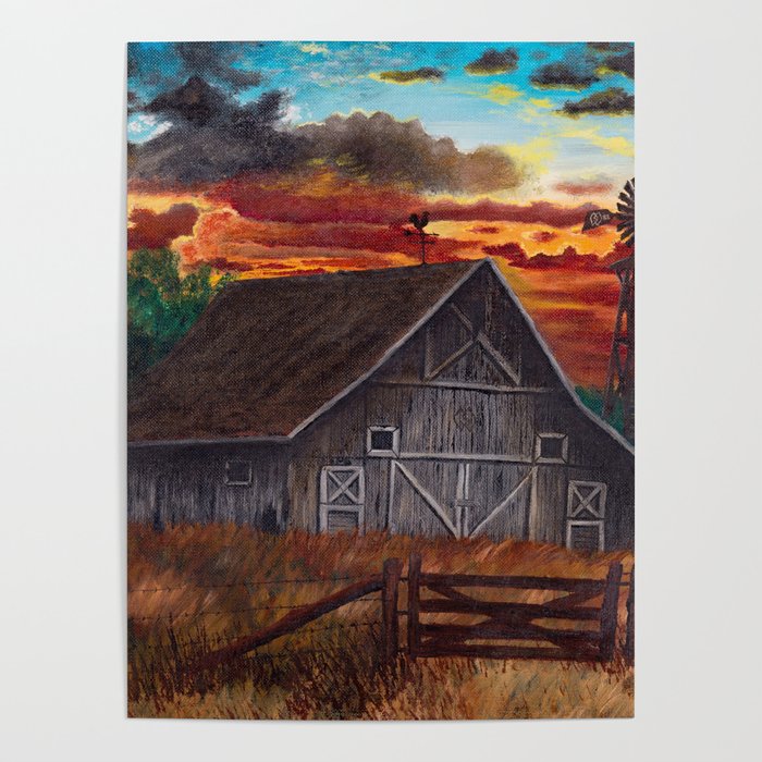 Old barn at sunset Poster