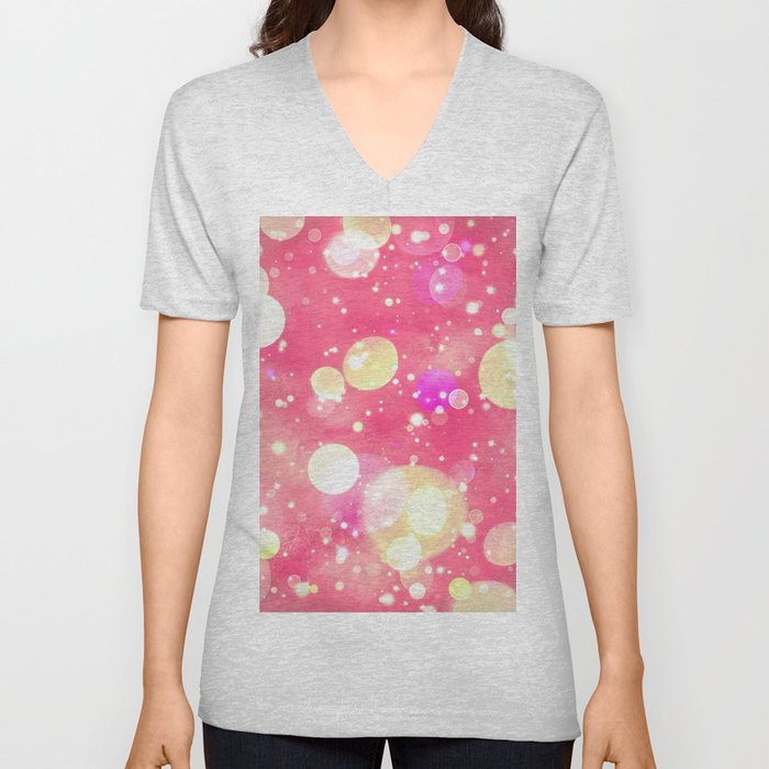 Girly Pink & Vintage Yellow Sparkly Bokeh Pattern V Neck T Shirt