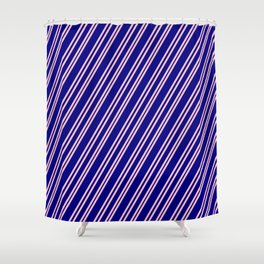 [ Thumbnail: Pink & Blue Colored Pattern of Stripes Shower Curtain ]