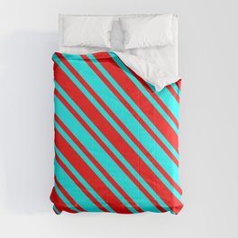 [ Thumbnail: Aqua and Red Colored Lined Pattern Comforter ]