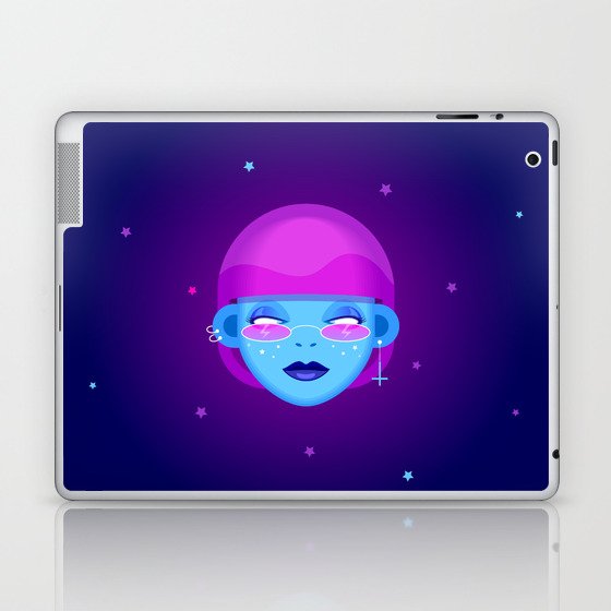 Neon party girl portrait. Blue face, pink hair and deep purple background. Laptop & iPad Skin