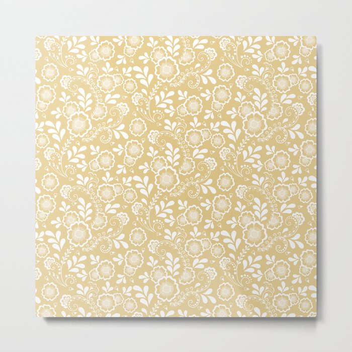 Tan And White Eastern Floral Pattern Metal Print