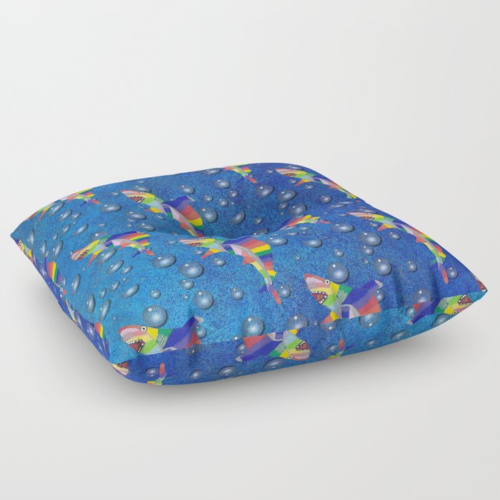 Colorful Shark Hand Drawn Design with Digital Bubbles on a Water Background Floor Pillow