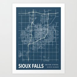 Sioux Falls Blueprint Street Map, Sioux Falls Colour Map Prints Art Print