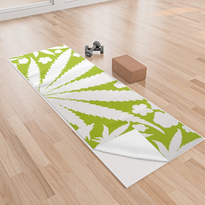 Modern Retro Green And White Cannabis Leaves And Flowers Silhouette Botanical Ditzy Pattern Yoga Towel