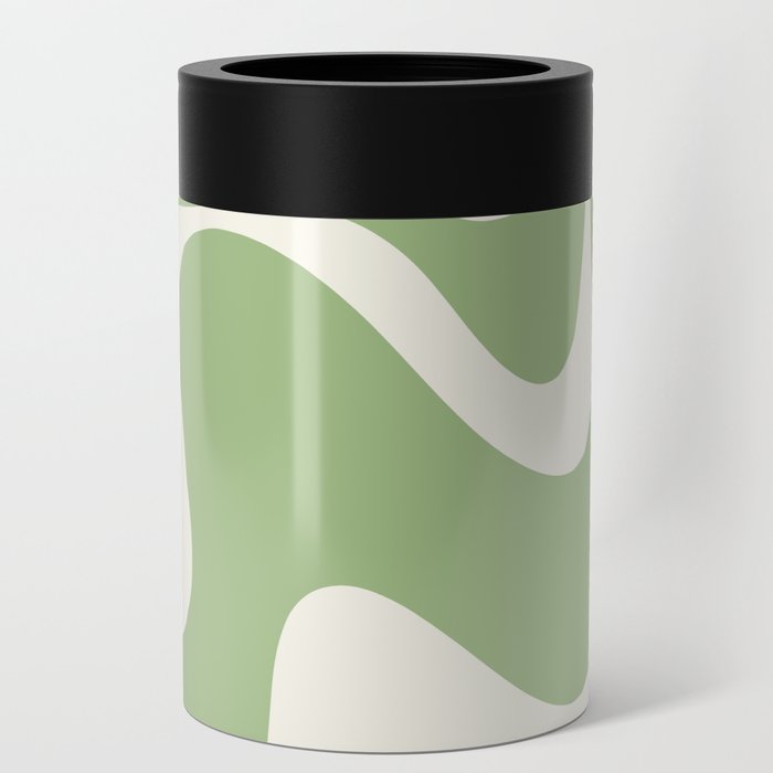 Retro Liquid Swirl Abstract Pattern 3 in Light Sage Green and Cream Can Cooler