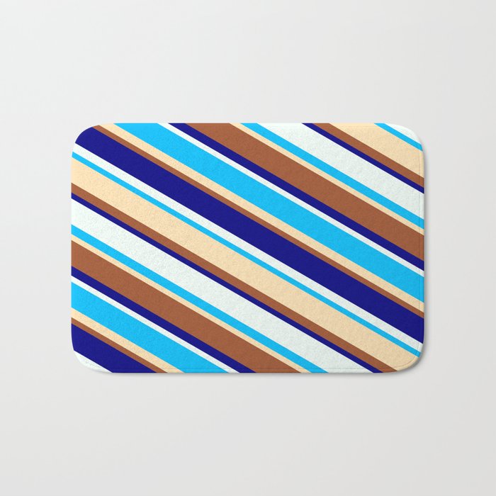 Vibrant Deep Sky Blue, Beige, Sienna, Blue, and Mint Cream Colored Lines/Stripes Pattern Bath Mat