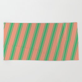 [ Thumbnail: Dark Salmon and Sea Green Colored Striped Pattern Beach Towel ]
