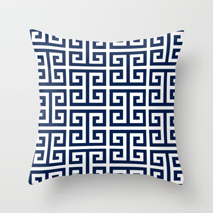 Dark Navy Blue and White Greek Key Pattern Throw Pillow