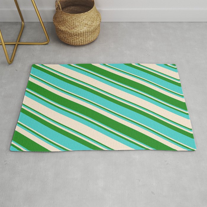 Forest Green, Turquoise & Beige Colored Striped Pattern Rug