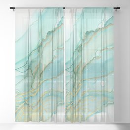 Magic Bloom Flowing Teal Blue Gold Sheer Curtain