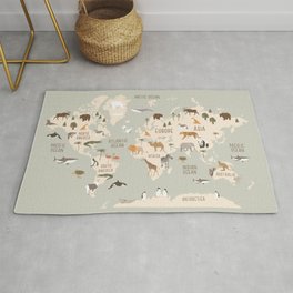 Kids world map with animals in green Area & Throw Rug