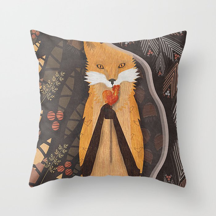 Fox and candy bird Throw Pillow