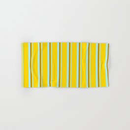 [ Thumbnail: Dark Goldenrod, Turquoise & Yellow Colored Striped/Lined Pattern Hand & Bath Towel ]