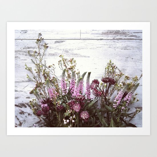 Pink flowers on shabby wood Art Print