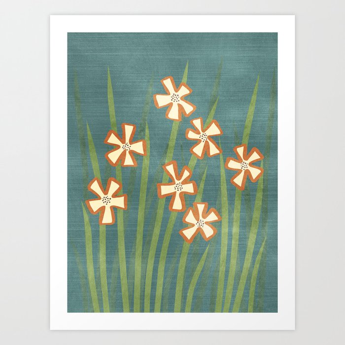Grass and Flowers Green Orange Cream Art Print