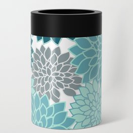 Dahlia Floral Blooms in Teal and Gray Can Cooler