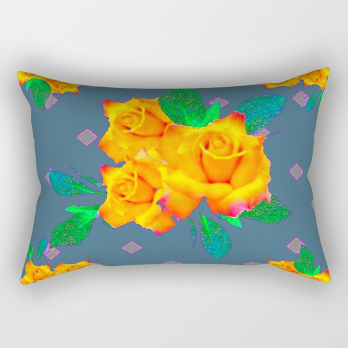 Teal Color Golden Roses Bouquet Patterns Rectangular Pillow