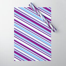 [ Thumbnail: Purple, Mint Cream, and Light Sky Blue Colored Lined/Striped Pattern Wrapping Paper ]