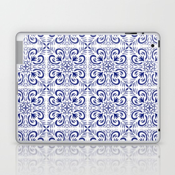 Blue Tiles Pattern Watercolor Indigo Laptop & iPad Skin