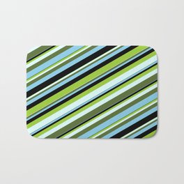 [ Thumbnail: Colorful Green, Light Cyan, Dark Olive Green, Sky Blue & Black Colored Lines/Stripes Pattern Bath Mat ]