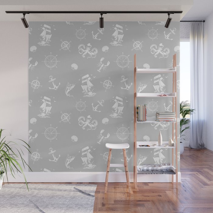 Light Grey And White Silhouettes Of Vintage Nautical Pattern Wall Mural