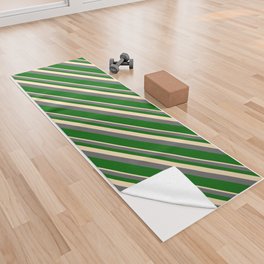 [ Thumbnail: Beige, Dim Gray & Dark Green Colored Lined Pattern Yoga Towel ]