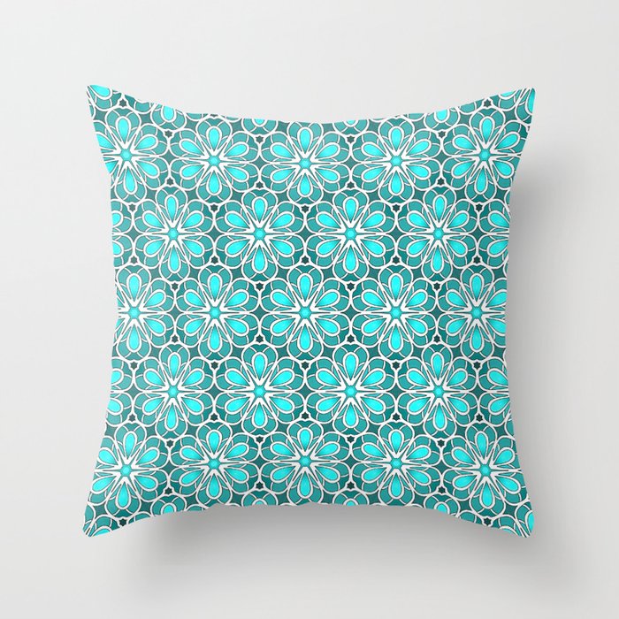 Symmetrical Flower Pattern in Turquoise Throw Pillow
