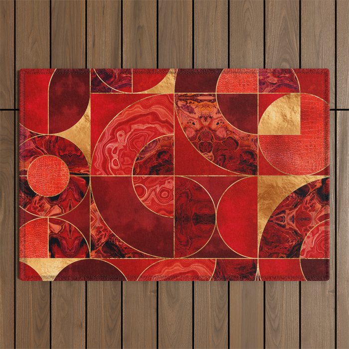 Geometric Abstract - Red textures and Gold Outdoor Rug