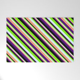 [ Thumbnail: Green, Light Cyan, Light Salmon, Indigo, and Black Colored Lined Pattern Welcome Mat ]