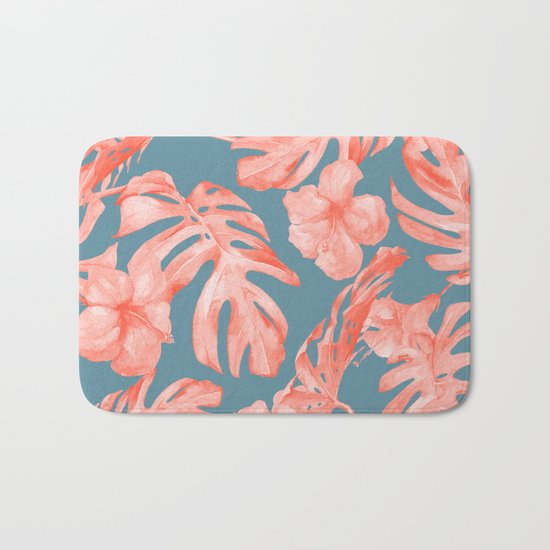 Island Life Coral on Deep Teal Blue Bath Mat