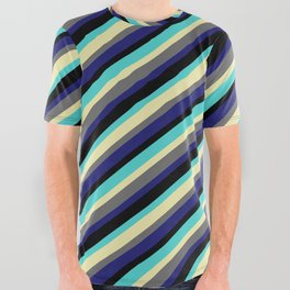 [ Thumbnail: Eyecatching Turquoise, Pale Goldenrod, Dim Gray, Midnight Blue, and Black Colored Striped Pattern All Over Graphic Tee ]