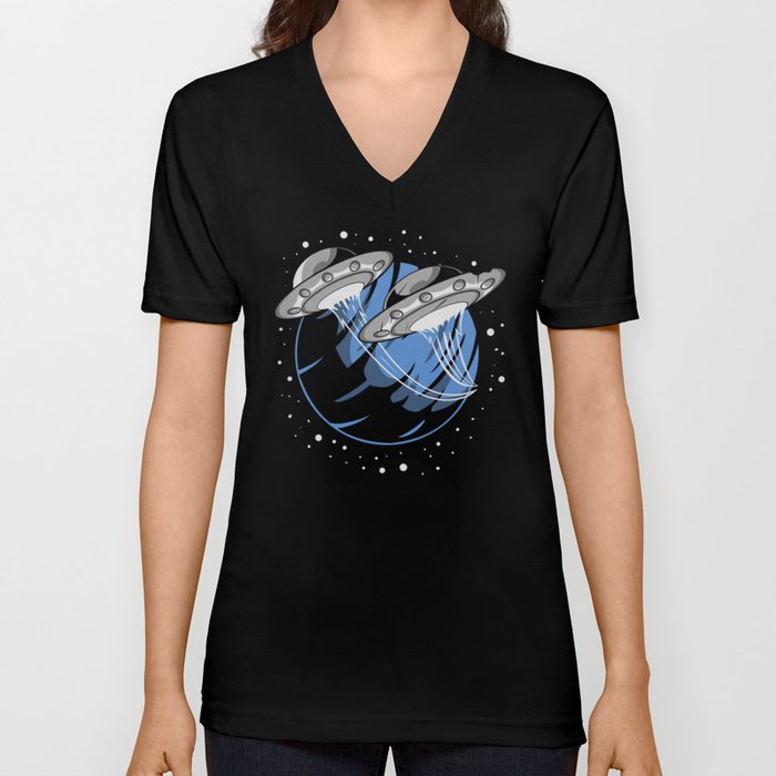 Universe UFO Flying Saucers V Neck T Shirt