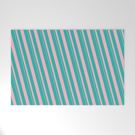 [ Thumbnail: Light Sea Green and Light Pink Colored Striped/Lined Pattern Welcome Mat ]