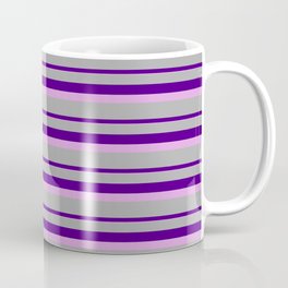 [ Thumbnail: Dark Grey, Indigo, and Plum Colored Lined/Striped Pattern Coffee Mug ]
