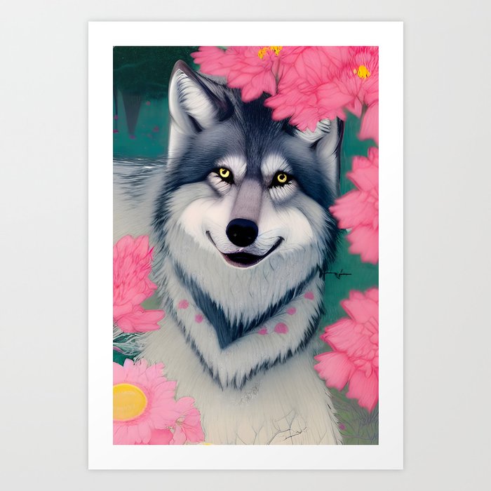 Wolf with Spring Flowers Art Print