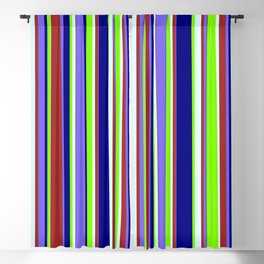 [ Thumbnail: Colorful Brown, Medium Slate Blue, Blue, Chartreuse & Light Cyan Colored Striped/Lined Pattern Blackout Curtain ]