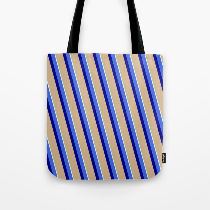 Royal Blue, Dark Blue, Tan & Light Cyan Colored Stripes/Lines Pattern Tote Bag