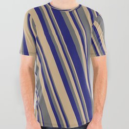 [ Thumbnail: Tan, Dim Gray, and Midnight Blue Colored Lined Pattern All Over Graphic Tee ]