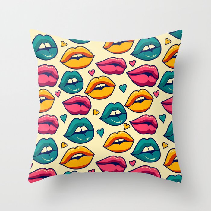 Retro Vibrant Lips Pattern - Pink & Yellow Throw Pillow