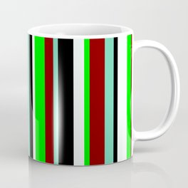 [ Thumbnail: Eyecatching Aquamarine, Maroon, Lime, Mint Cream & Black Colored Lined/Striped Pattern Coffee Mug ]