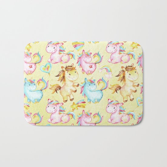 Unicorn Zoo- Cute pastel unicorn on yellow Bath Mat