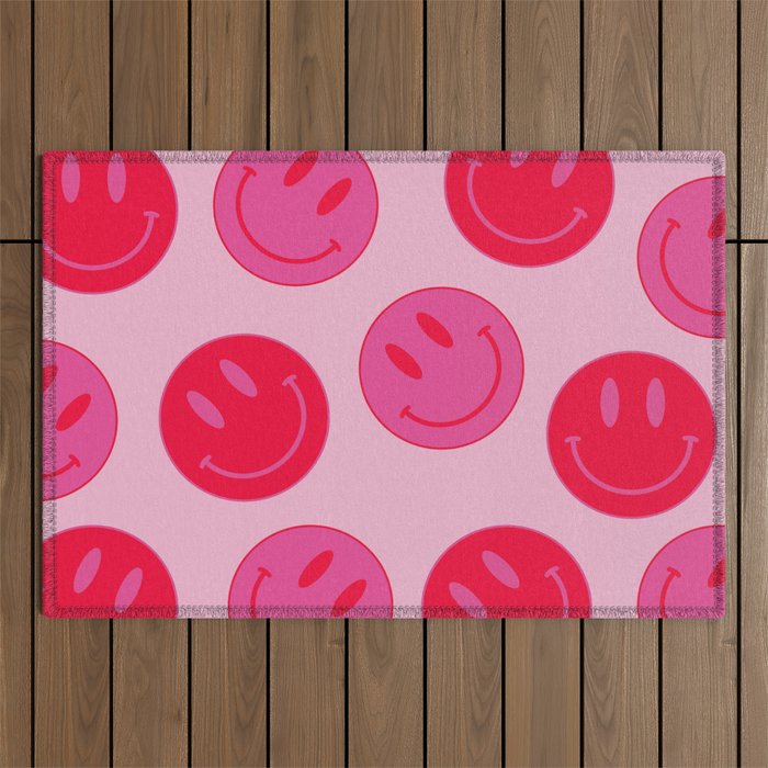 Large Pink and Red Vsco Smiley Face Pattern - Preppy Aesthetic Outdoor Rug