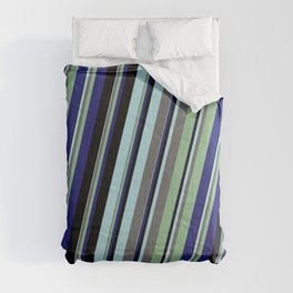 [ Thumbnail: Powder Blue, Dim Gray, Dark Sea Green, Midnight Blue, and Black Colored Lines/Stripes Pattern Comforter ]